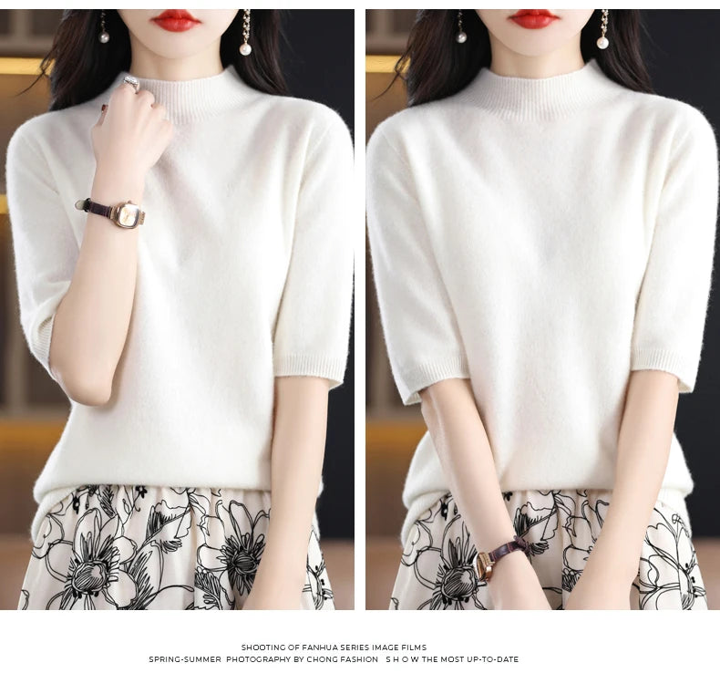 Fashion Half Short Sleeve 100% Merino Wool Sweater Basic Mock-Neck  Cashmere Women Knitted Top  Pullover Clothing Tops