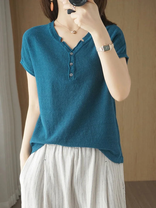 TuangBiang Summer Cotton Retro Pullover 2023 Vintage Button V-Neck Short Sleeves Knit T-Shirts Women Autumn Thin Blue Cuffs Tops