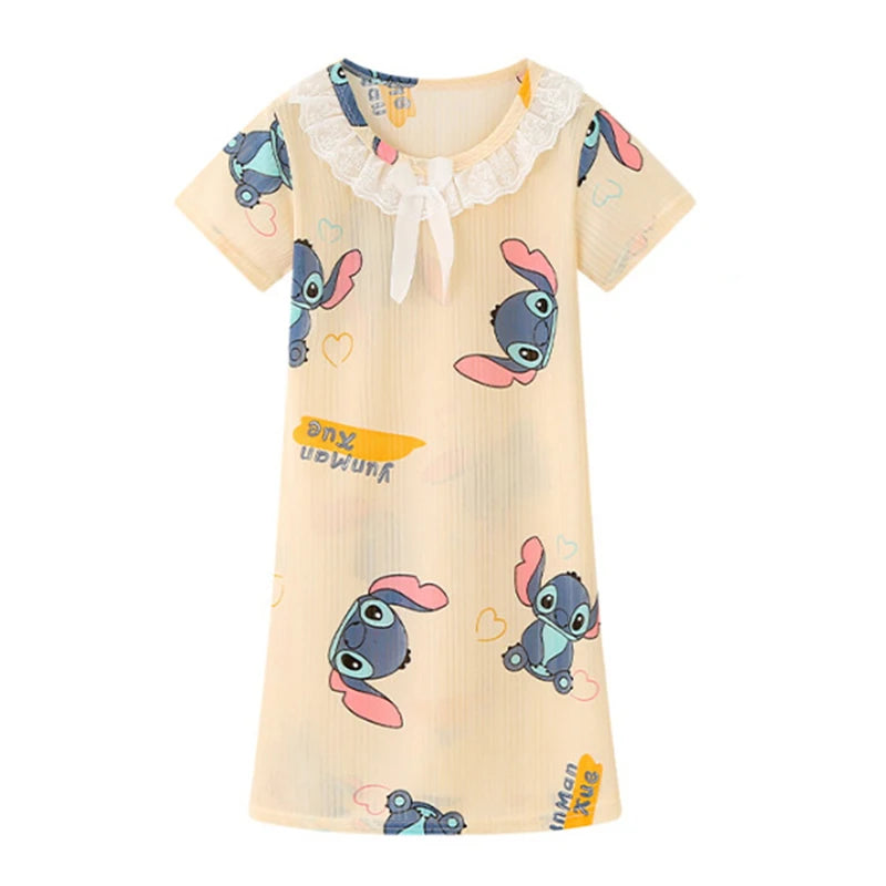 New Summer Dress Girls Nightdress Stitch Cartoon Clothes Pajamas Children's Clothing ShortSleeve Pajamas Dress Kids Family Wear