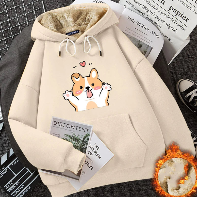 ABRINI Women Thicken Fleece Warm Hooded Pocket Long Sleeve Thermal Hoodies Sweatshirts Autumn Winter Women Printed Cute Jumpers