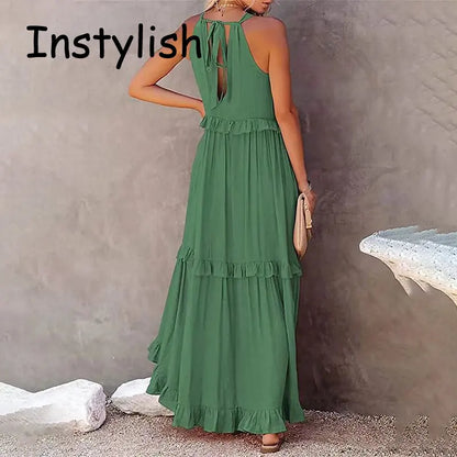 Women Casual Solid Ruffles Long Dress Summer Elegant Sleeveless Sundress Elegant Harajuku Maxi Dress Beach Party Evening Vestido