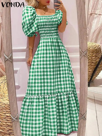 VONDA Summer Sundress Bohemian Long Maxi Dress 2023 Women Short Puff Sleeve Plaid Casual Sexy Square Collar Party Beach Robe