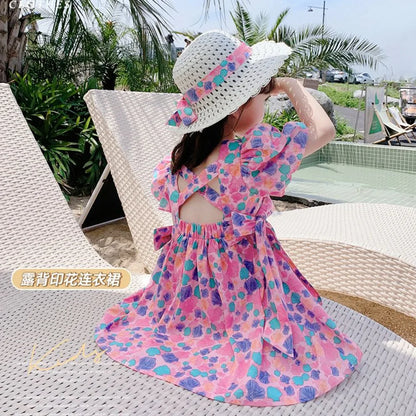 Girls' Dress Sweet Baby Korea Elegant Square Neck Backless Summer Short Sleeve Loose Full Colorful Dot 2024 New Princess Dresses