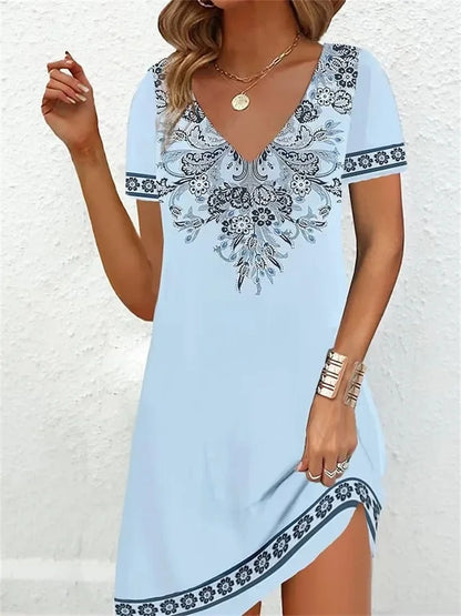 2023 Fashion Plus-Size Dress Casual Loose V-Neck Ladies Summer Print Party Women's New Summer Pullover Short Sleeve Dress