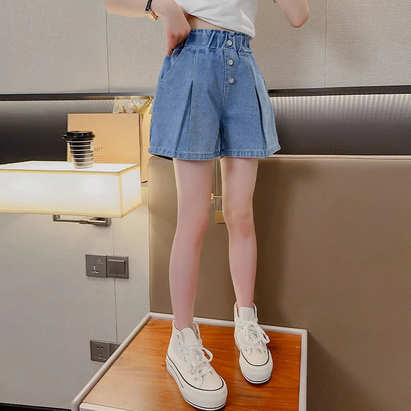 Big Girls Denim Blue Color Short Jeans Kids Elastic Waist Shorts Pants Teenager Summer Casual Short Pants 5 7 8 9 11 12 14 Years