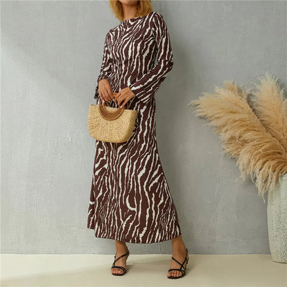 Women Leisure Style Zebra Print Long Dress Retro Casual Long Sleeve Flared Cuff Round Collar Slim Fit Summer Dresses Vintage 70s