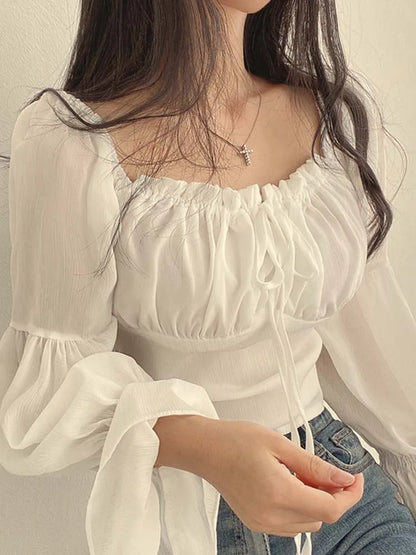 Women Chiffon Blouse Summer Shirt Square Collar Folds Lace Up Waist Tops Korean Fashion Flare Sleeve Elegant Blouses Femme