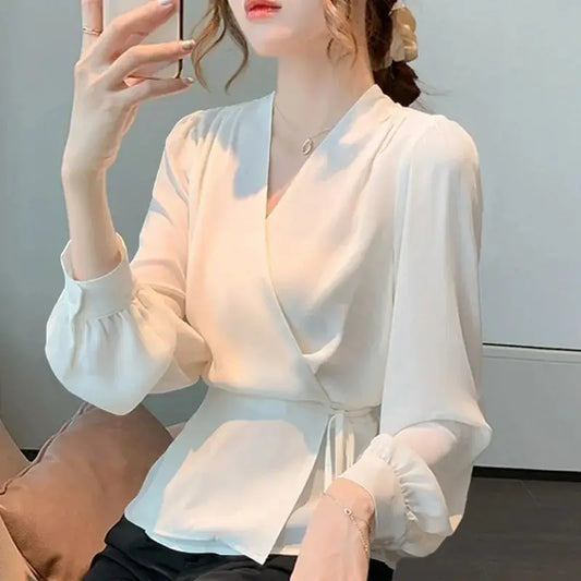 Shirt Temperament Long Sleeved Autumn Top Solid Color Year Lace Up Women's New Collection Waist Cross Chiffon Shirt Fashionable