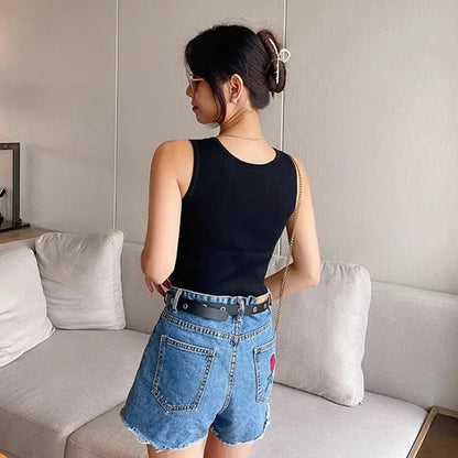 Summer Knit Vest Top Black White T-shirt Women Casual Cropped Strap Sleeveless O Neck Camisole Tank Top Basic Summer Clothes Hot