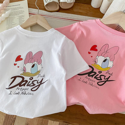 Disney Cartoon Cute Baby Girl's T-shirt Summer Clothing Loose Casual Short Sleeve Top Children Tees Daisy Pattern Kids T Shirts