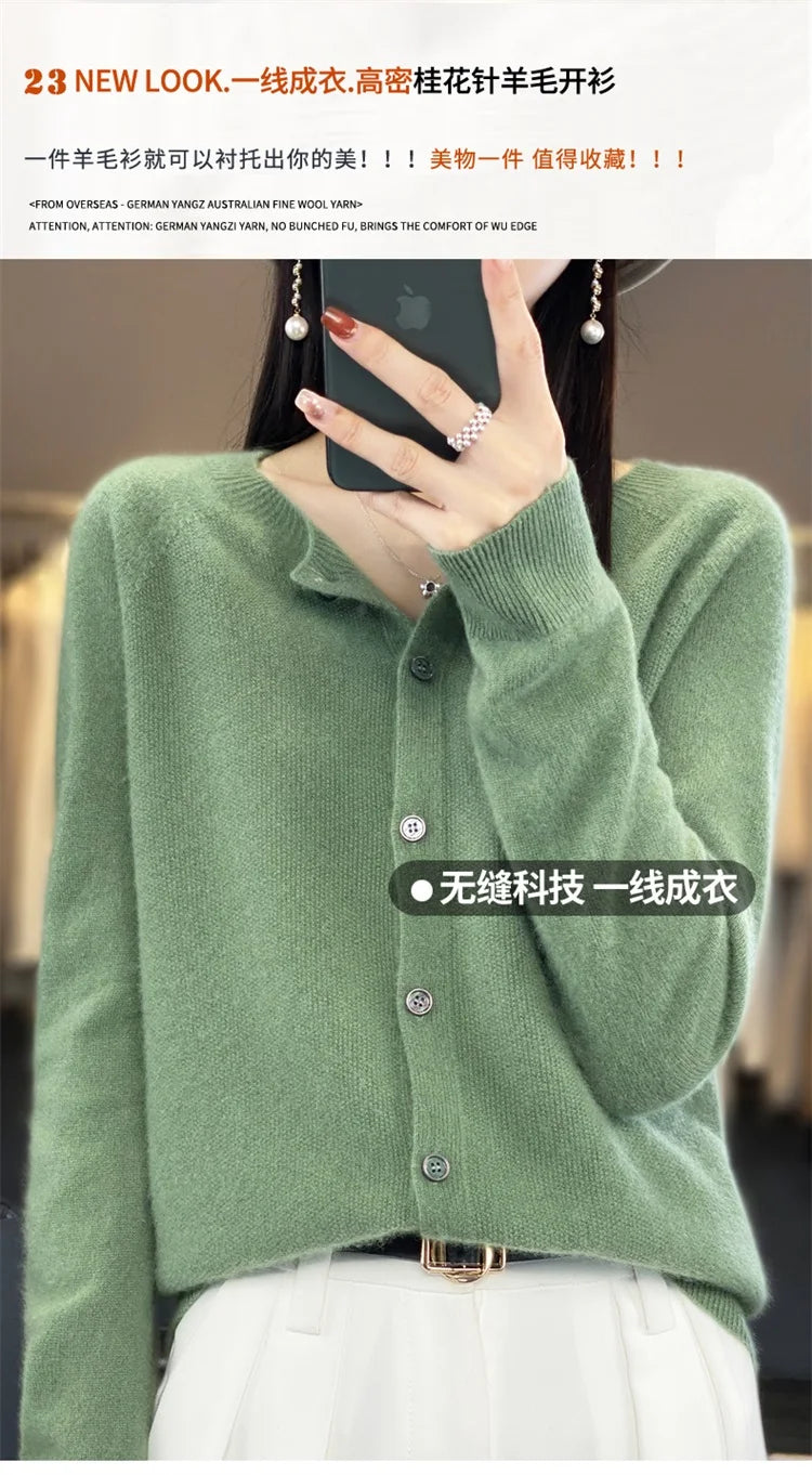 2024Spring and Autumn  New 100% pure merino cashmere sweater women's O-neck cardigan loose long-sleeved sweater top