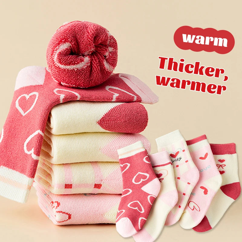 5Pairs 1-16Years Terry Socks for Girl Sweet Love Winter Children's Warm Socks Boutique Kids Clothing Soft Thickened  Fabric