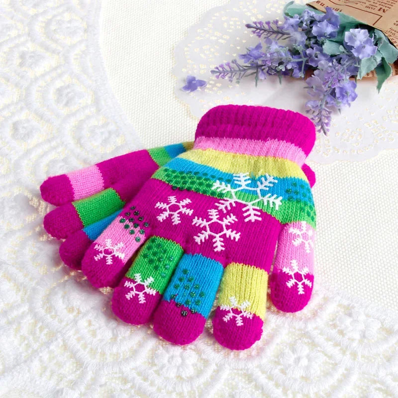 Kids Winter Thick Warm Magic Gloves Unisex Children Knitted Snowflake Patchwork Full Finger Wrist Gloves Mittens Wholesale