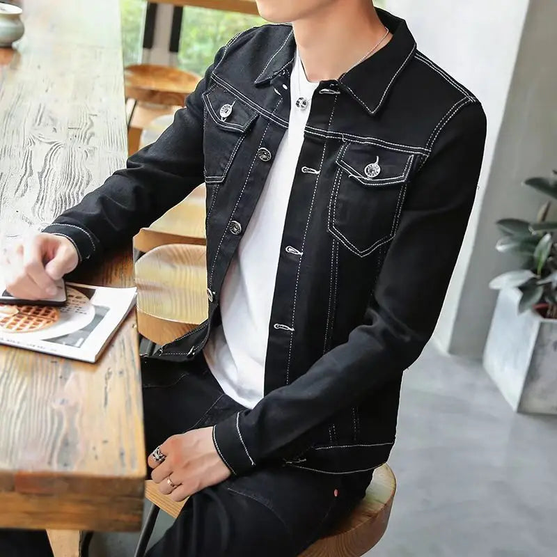 Male Jean Coats Black Button Men's Denim Jacket Short Casual Slim Low Price One Piece Worn New in Clothing Big Size L Original G