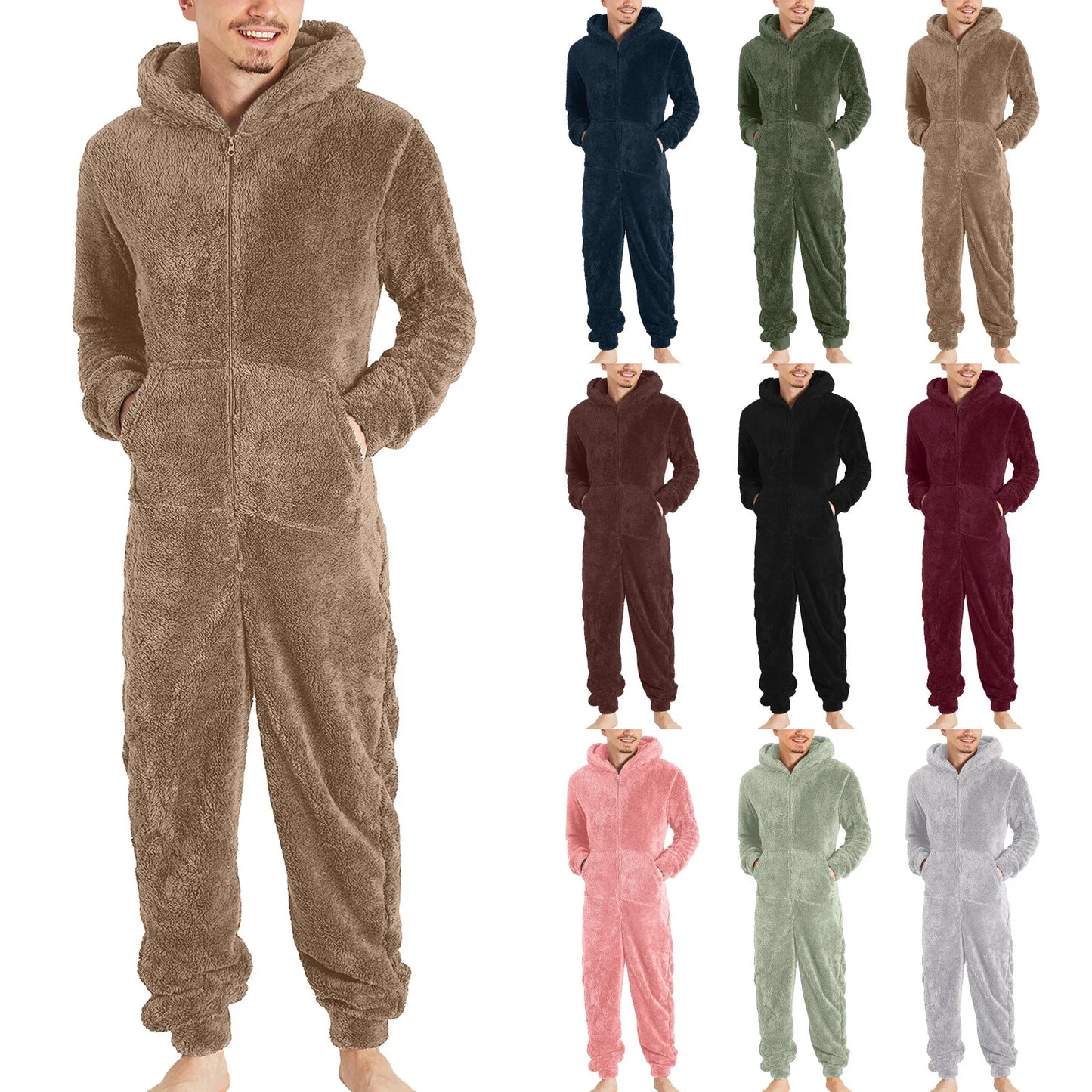 Men Long Sleeve Warm Pajamas Casual Solid Zipper Loose Hooded Jumpsuit Pajama Casual Winter Warm Sleepwear For Man