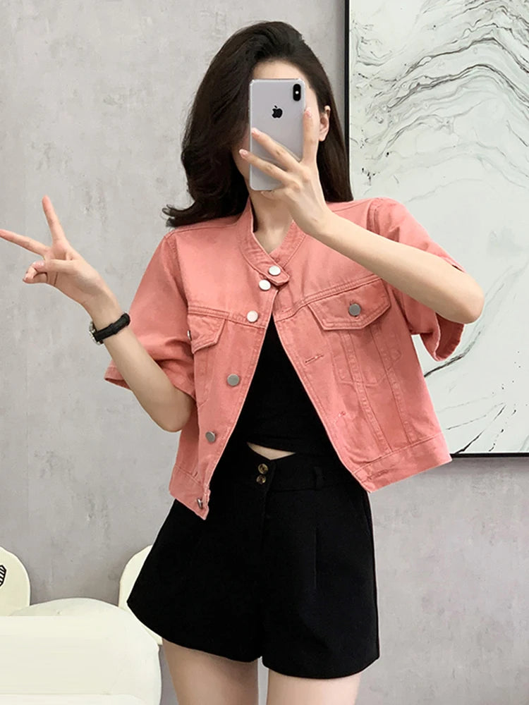 Pink Streetwear Summer Denim Coat Woman Casual O-Neck Short Sleeve Single-Breasted Thin Jeans Jacket Outwear