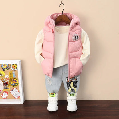 New Autumn Cartoon Mickey Mouse Boys Down Vest Winter Baby Bright Hooded Waistcoat Cotton Outerwear Kids Jacket Children Clothes