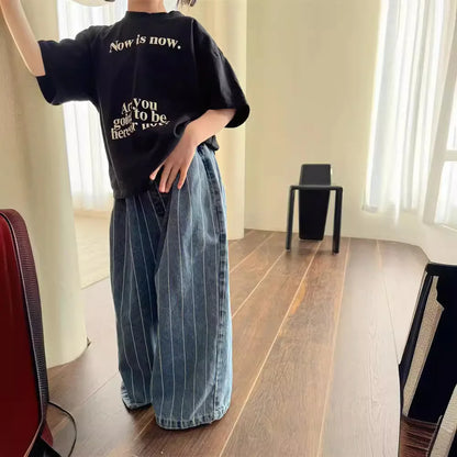 2024 Spring Summer Kids jeans fashion Boys Vertical stripes denim wide leg pants Girls loose casual Trousers