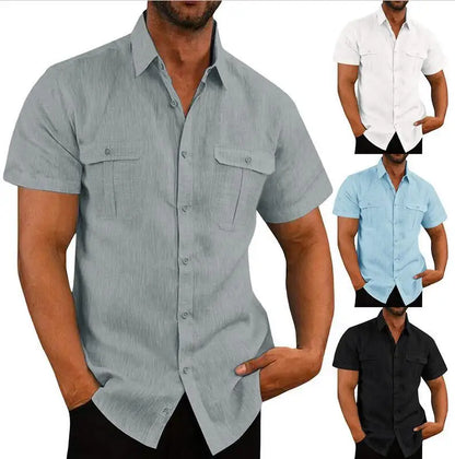 Cotton Linen Hot Sale Men Short-Sleeved Shirts Summer Solid Color Stand-Up Collar Casual Beach Style Plus SizeMale Shirts M-5XL