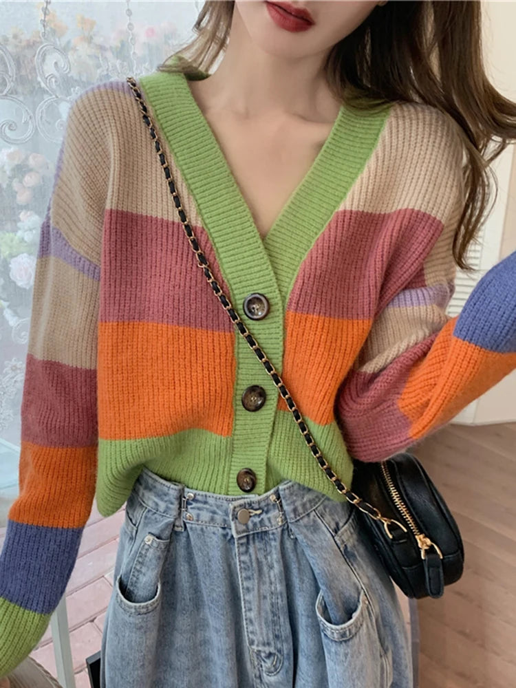 Autumn Winter Women V-neck Cardigan Tops Casual Rainbow Color Sweater Fashion Knitted Loose Jacket Y2k Streetwear 2024