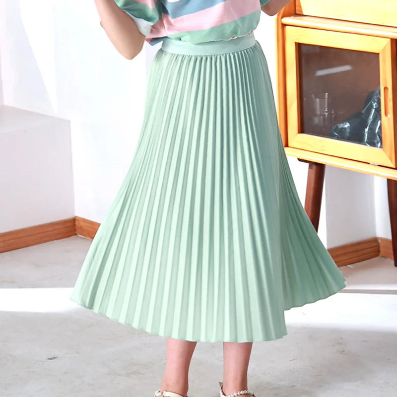 Summer 2024 Girls Long Pleated Skirt Solid Casual All-match Skirt for Kids 12 13 14 Years Trendy Teens Students Children Skirts