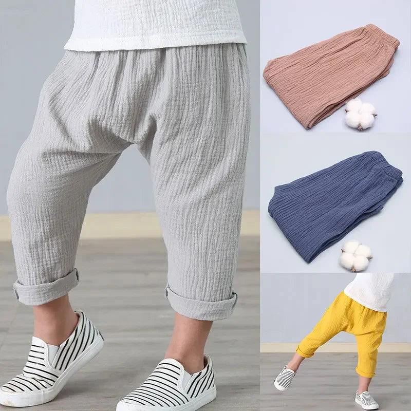 Kids Pants Boy Girl Summer Solid Color Linen Pleated Trousers Children Ankle-length Pants for Baby Casual Harem Pants