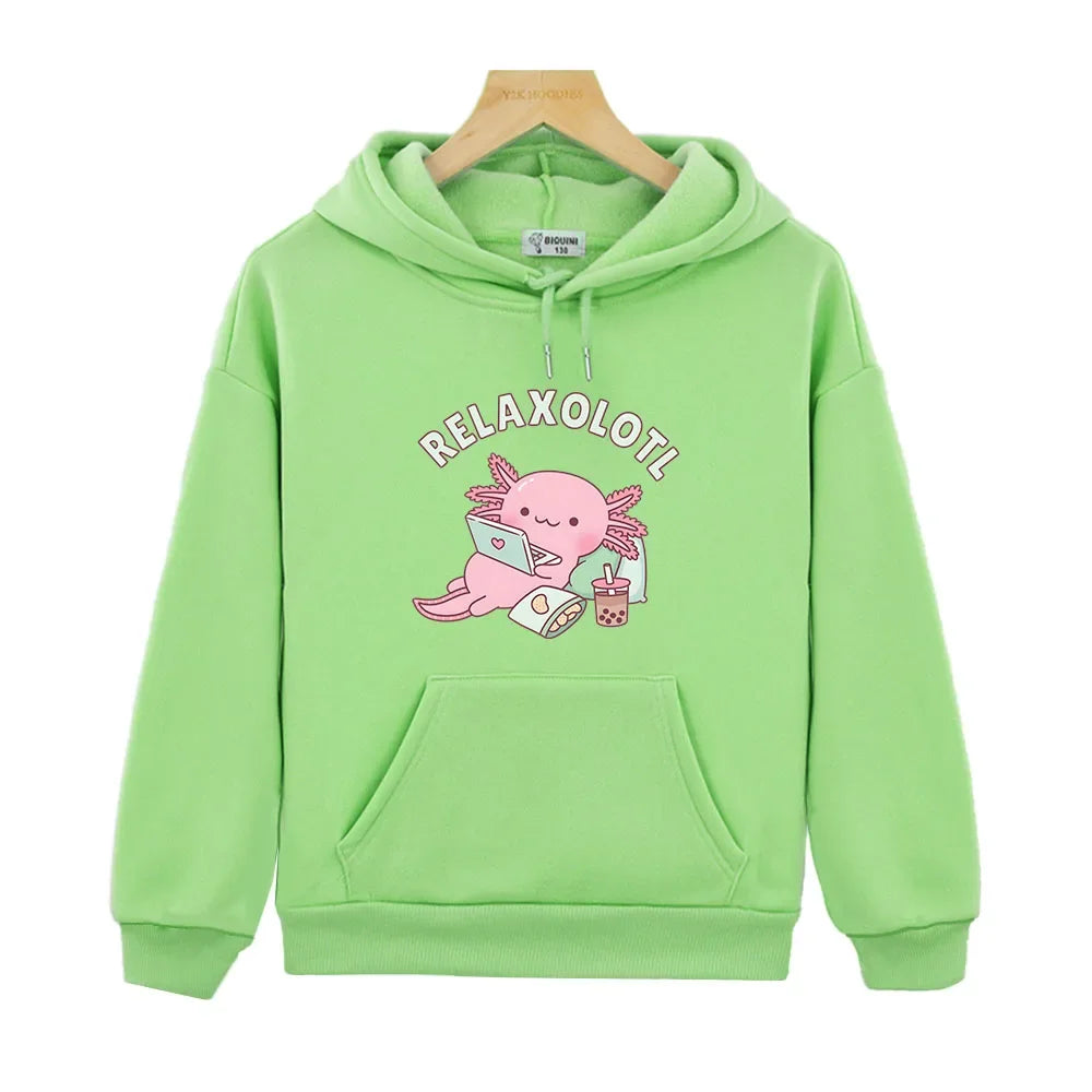 Cute Relax A Lot Axolotl Hoodie Cartoon Funny Pun Graphic Sweatshirt Y2k Clothes Kids Winter Pullover Boys Hoodie Girls Clothing