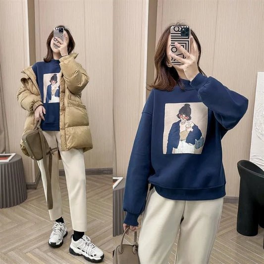 Autumn and Winter Women's Round Neck Long Sleeve Loose Pullovers Printed All Match Korea Fashion Casual Office Lady Tops