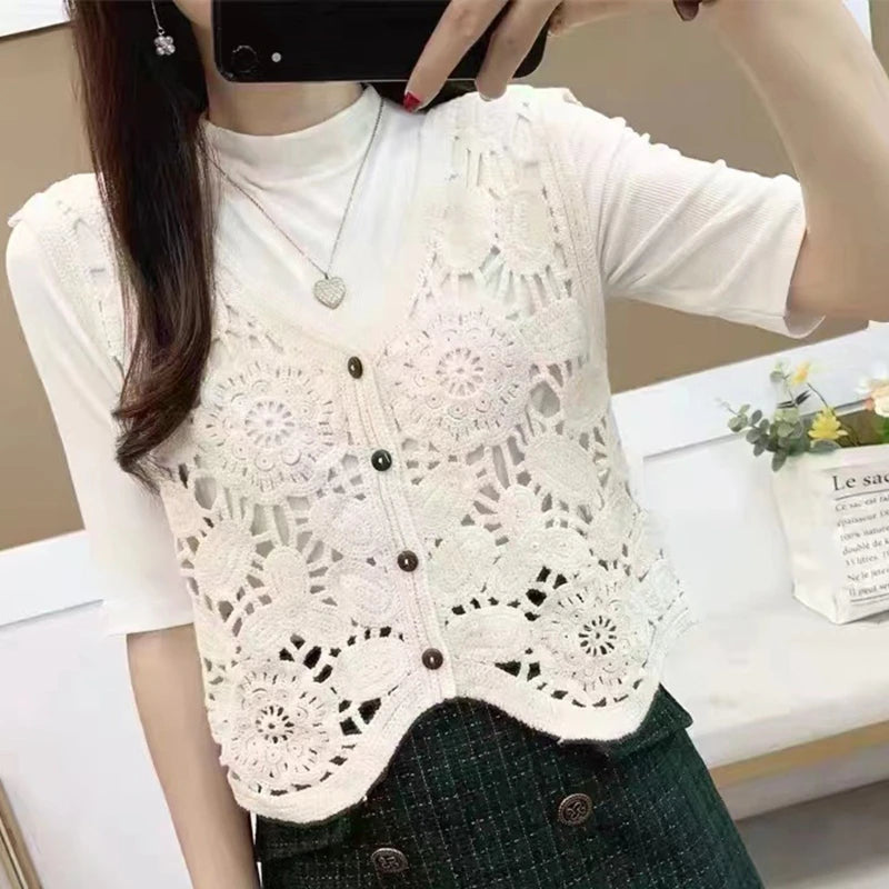 Lovely Women Summer Waistcoats Sleeveless Button Down Crochet Ins Floral Knit Cardigan Tops Ins Korean Female Outerwear M6CD