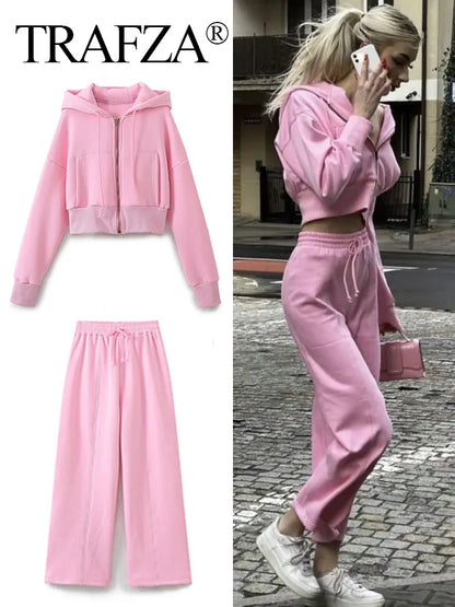 TRAFZA Women Elegant Pink Hooded Sweatshirt Zipper Hoodie Female Loose Elastic Waist Wide Leg Pant Sets 2024 Spring Sport Suit