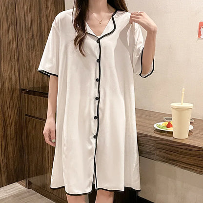 Plus Size M-4XL Women's Nightgown Summer Sweet Short Sleeve Home Dress Ice Silk Night Skirt Cardigan Cute Korean Night Gown