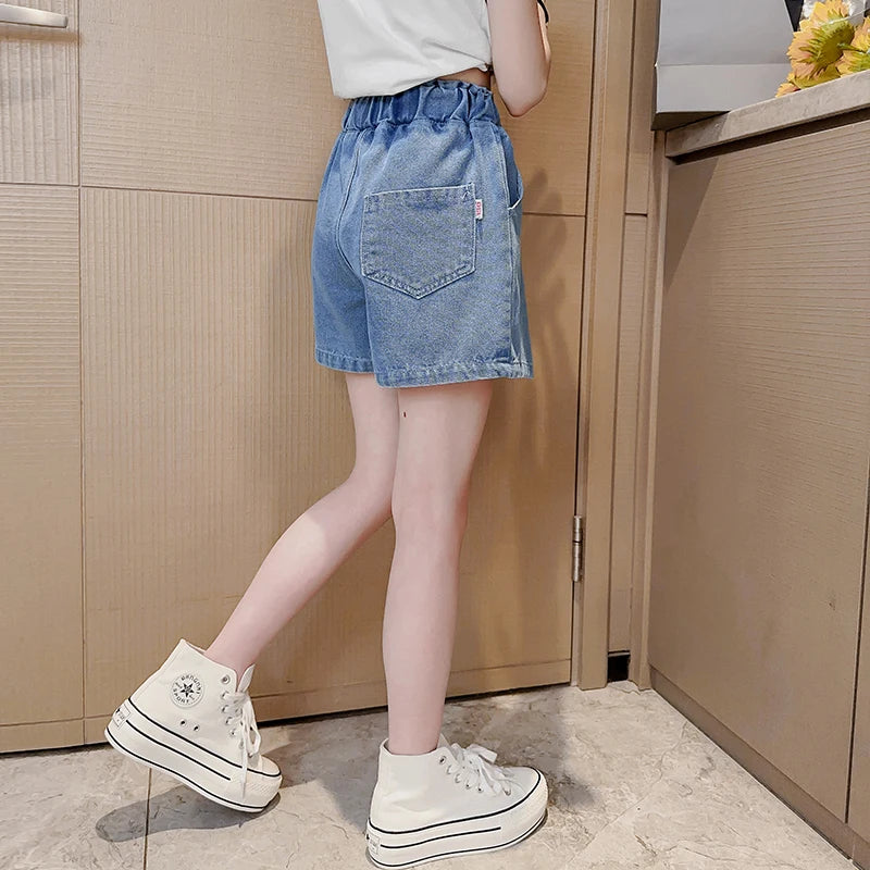 Big Girls Denim Blue Color Short Jeans Kids Elastic Waist Shorts Pants Teenager Summer Casual Short Pants 5 7 8 9 11 12 14 Years