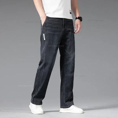 Summer Thin Men's Stretch Baggy Jeans Blue Gray Elastic Waist Business Casual Straight Denim Trousers Classic Style Male