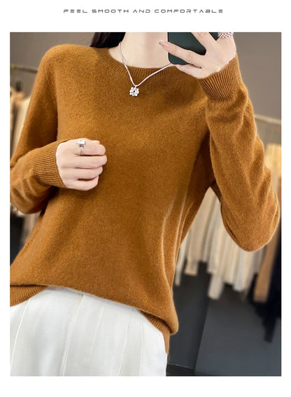 Women 100% Pure Merino Wool Knitted Sweater Autumn Winter Fashion O-Neck Pullover Seamless Jumper Tops Cashmere Warm Clothes