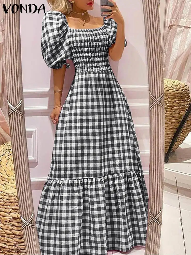 VONDA Summer Sundress Bohemian Long Maxi Dress 2023 Women Short Puff Sleeve Plaid Casual Sexy Square Collar Party Beach Robe