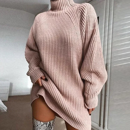 Autumn and Winter New Women's Knitted Sweater, Mid To Long Semi High Neck Women's Sweater Dress, Fashionable Women's Clothing