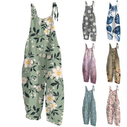 High-Quality Women's Jumpsuit Printed Casual Loose Retro Shoulder Straps Cotton And Linen Comfortable Casual Women's Jumpsuits