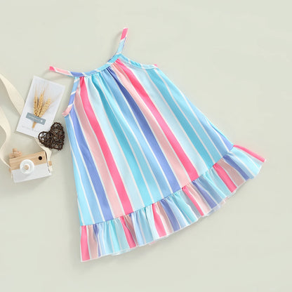 Kids Infant Baby Girls Summer Sleeveless Dress Vertical Stripe Print Ruffle Hem Casual Spaghetti Strap Dress 6M-4T