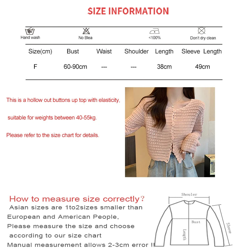 HELIAR Women Buttons Up Short Cardigan Coat Knitted Hollow Out Smock Top Long Sleeved Thin Summer T-shirt Ruffles Casual Shirt