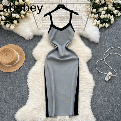 2024 Sexy Contrast Color Knitted Women Dress Summer Strap Elastic Sleeveless Bodycon Dress Europe Style Ladies Maxi Long Dress