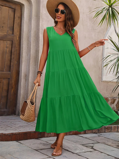 Y.KUKU 2024 Women Dress Summer Casual Brand Vacation Holiday Beach Long Dresses V-neck Loose Elegant Yellow Dress Femme