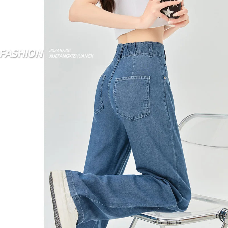 Blue Ice Silk Jeans Women's Summer Thin Straight Pants Micro Speaker Mop Wide Leg Pants Long Pants Y2K Denim Casual Pants Pocket