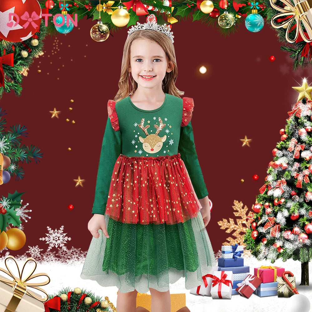 DXTON 2024 Christmas Dress For Girls Flying Sleeve Winter Princess Party Dress Sequin Elk New Year Children Baby Dress Clothing