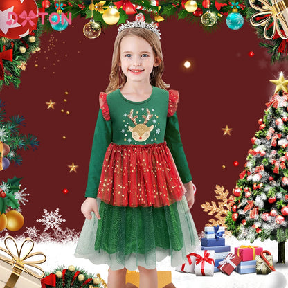 DXTON 2024 Christmas Dress For Girls Flying Sleeve Winter Princess Party Dress Sequin Elk New Year Children Baby Dress Clothing