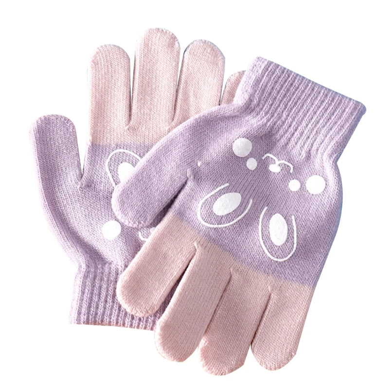 2022 Winter Korean Style Kids Knitted Gloves Cartoon Bear Printed Full Finger Gloves for 4 5 6 7 8 Year Old Children Accessories