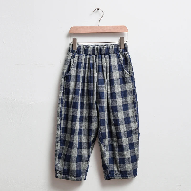 Children's Retro Blue Plaid Trousers 2024 Spring Autumn New Korean Boys And Girls Double-Layer Cotton Casual Harem Pants WTP121