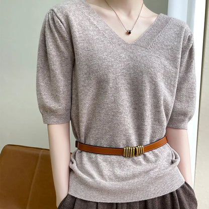 2022Spring Sweater 100%Wool Short Sleeve Women New T-Shirt Double V-Neck Pullovers Thin Vest Loose Cashmere Knit Tops Base Shirt