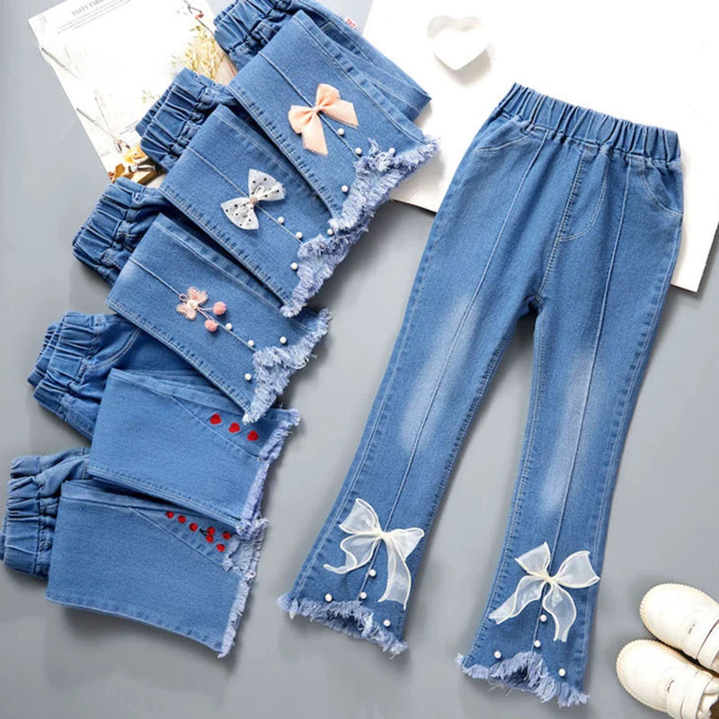 New Girls Denim Trousers Spring Autumn Fashion Girls Printed Jeans Bell-bottoms Kids Casual Elastic Trousers Blue Jeans Pants