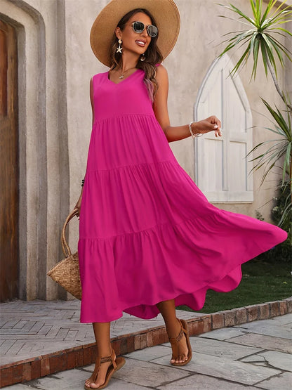 Y.KUKU 2024 Women Dress Summer Casual Brand Vacation Holiday Beach Long Dresses V-neck Loose Elegant Yellow Dress Femme