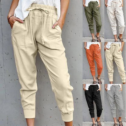 Cross Border Summer New Style Solid Color Simple Lace Up Casual For Women High Waist Slim Slim-fit Pants